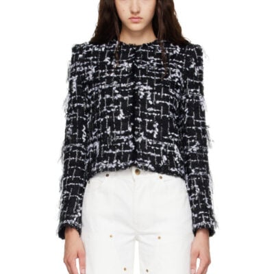 Balmain Black & White Cropped Fringed Tweed Jacket