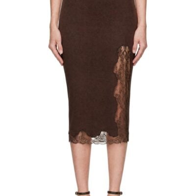 Balmain Brown Knit Slit Midi Skirt