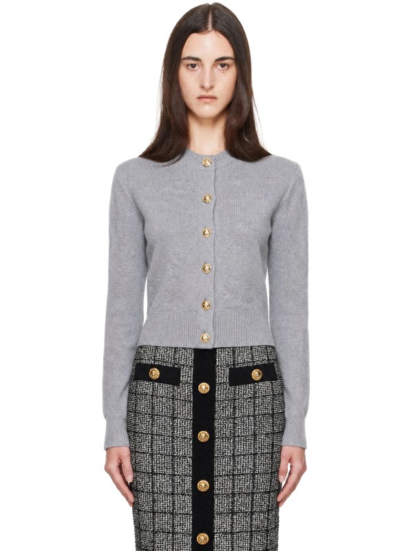 Balmain Gray Buttoned Round Collar Cashmere Cardigan