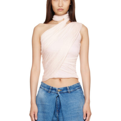 Balmain Pink Cross Neck Draped Fluid Jersey Top