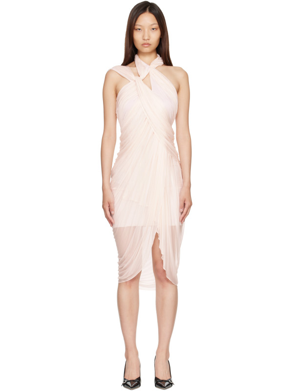 Balmain Pink Cross Neck Fluid Jersey Draped Midi Dress