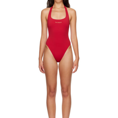 Balmain Red Studded Logo Halter Swimsuit