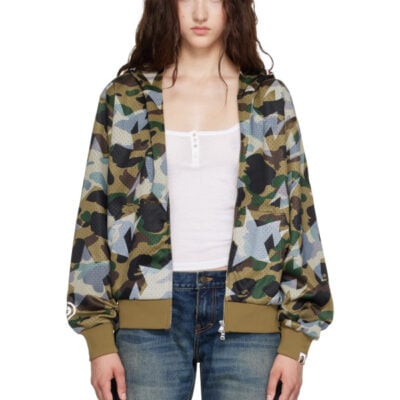 Bape Green Camo Mesh Shark Cropped Fit Full Zip Hoodie