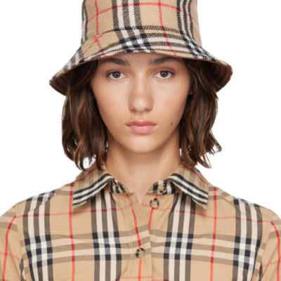 Burberry Beige Wool Check Reversible Bucket Hat