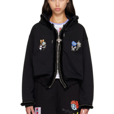 Chopova Lowena Black Fuzzy Pearl Zip Hoodie