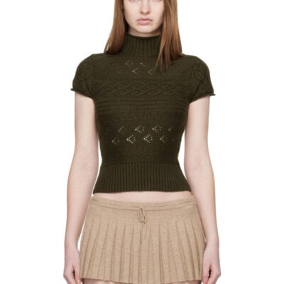 Danielle Guizio Khaki Vivienne Short Sleeve Cable Turtleneck