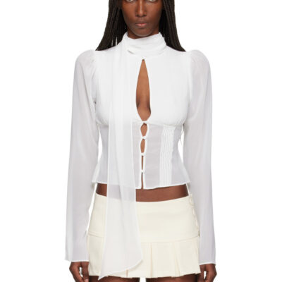 Danielle Guizio White Ara Long Sleeve Blouse