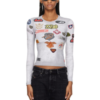 Diesel Gray Ribbed Jersey All-Over Patch Print Top