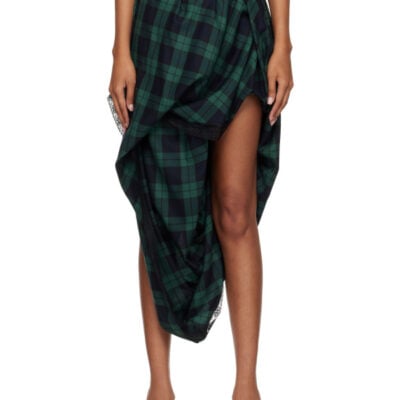 Diesel Green & Navy Lace Trim Draped Tartan Midi Skirt