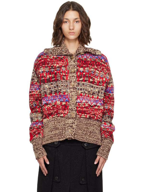 Dries Van Noten Beige & Red Jacquard Wool Cardigan
