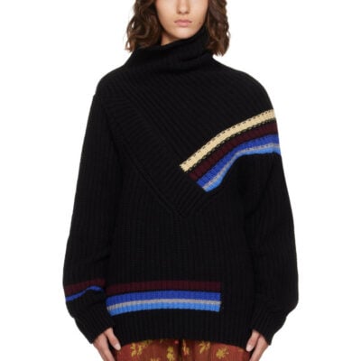 Dries Van Noten Black Asymmetric Stripe Turtleneck