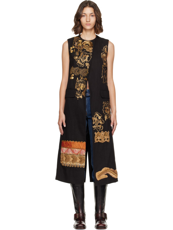 Dries Van Noten Black Embroidered Sleeveless Coat