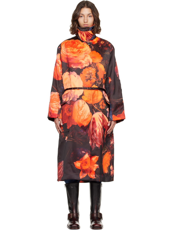 Dries Van Noten Black & Orange Oversized Floral Coat