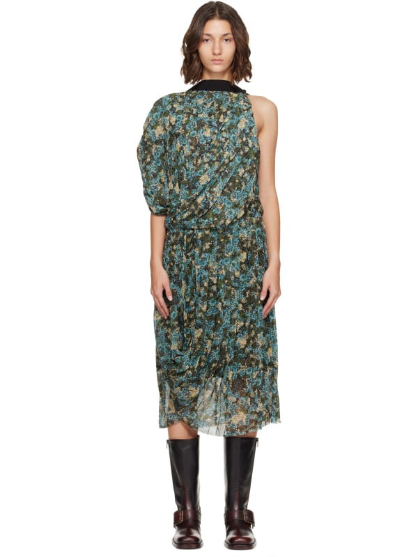 Dries Van Noten Blue Asymmetrical Pleated Midi Dress