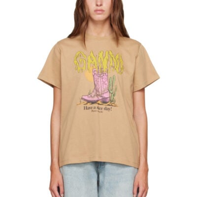 Ganni Beige Basic Cotton Jersey Western Boot T-shirt