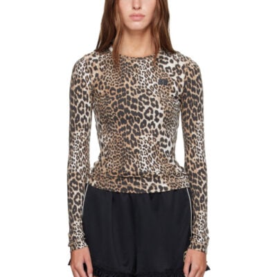 Ganni Beige Soft Cotton Rib Leo Long Sleeve T-shirt