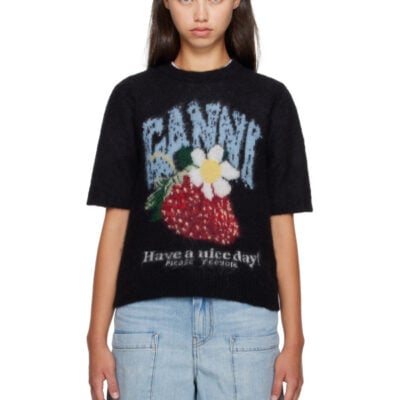 Ganni Black Fine Brushed Alpaca T-shirt