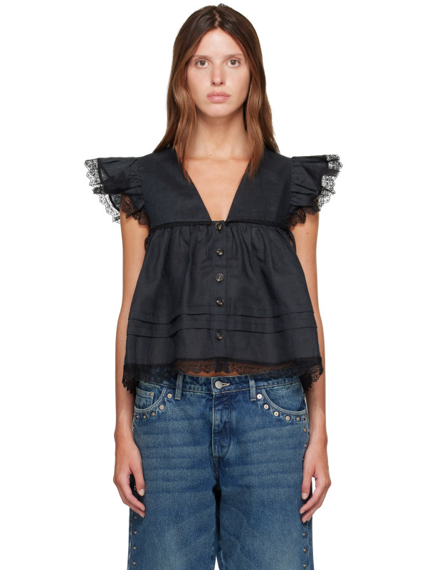 Ganni Black Linen Blouse
