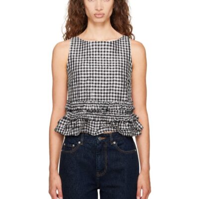 Ganni Black & White Check Open Back Top