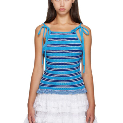 Ganni Blue Striped Pointelle Top