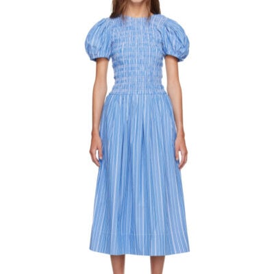 Ganni Navy Striped Cotton Midi Dress