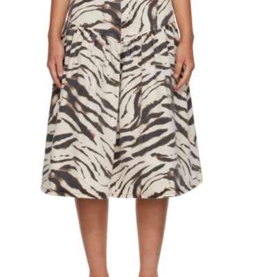 Ganni Off-White & Brown Printed Denim Midi Skirt