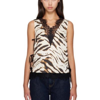 Ganni Off-White & Brown Printed Satin Top