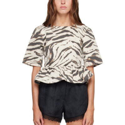 Ganni Off-White & Brown Zebra Denim Blouse