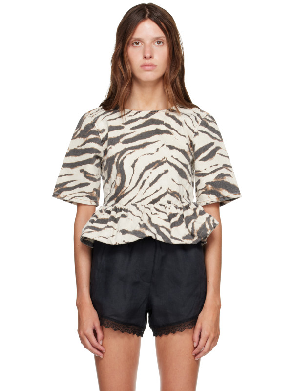 Ganni Off-White & Brown Zebra Denim Blouse