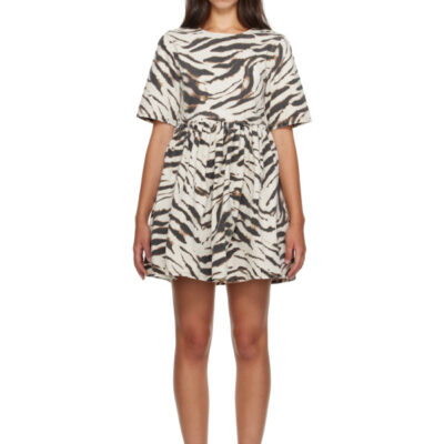 Ganni Off-White & Brown Zebra Denim Minidress