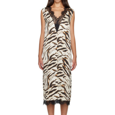 Ganni Off-White & Brown Zebra Satin Midi Dress