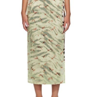 Ganni Off-White & Green Shibori Organza Printed Stretch Satin Maxi Skirt