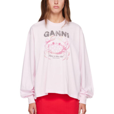 Ganni Pink Basic Cotton Jersey Longsleeve Crab T-shirt