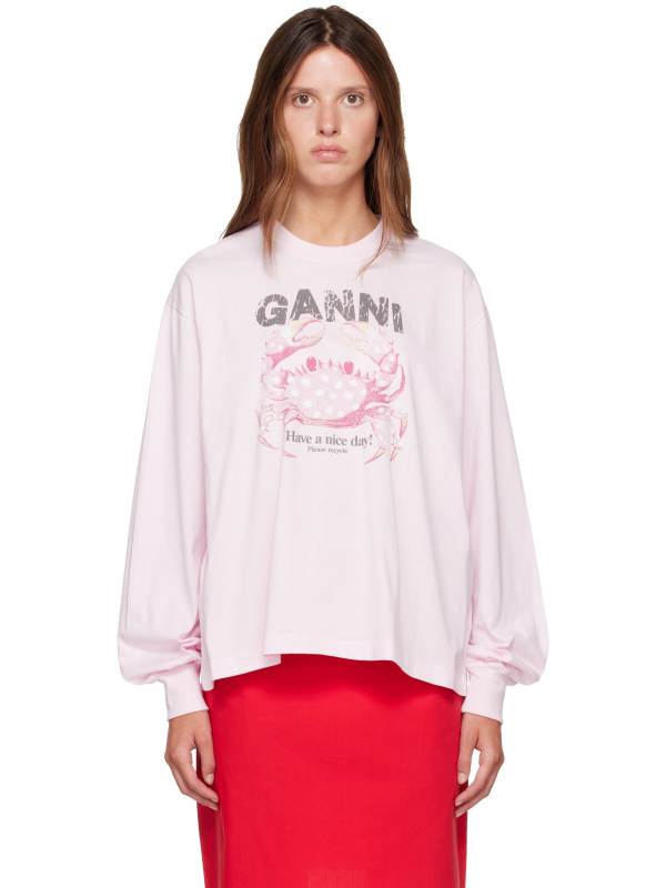Ganni Pink Basic Cotton Jersey Longsleeve Crab T-shirt