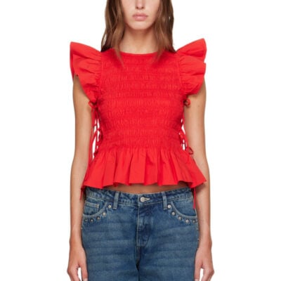 Ganni Red Smocked Cotton Blouse