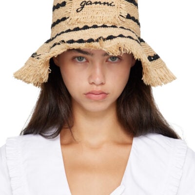 Ganni Tan Striped Raffia Bucket Hat