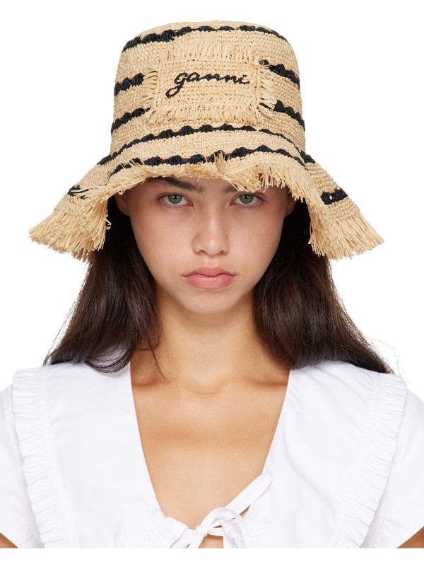 Ganni Tan Striped Raffia Bucket Hat
