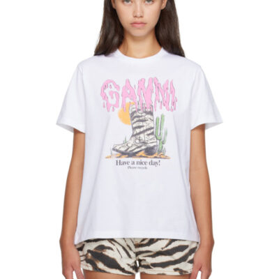 Ganni White Basic Cotton Western Zebra Boot T-shirt