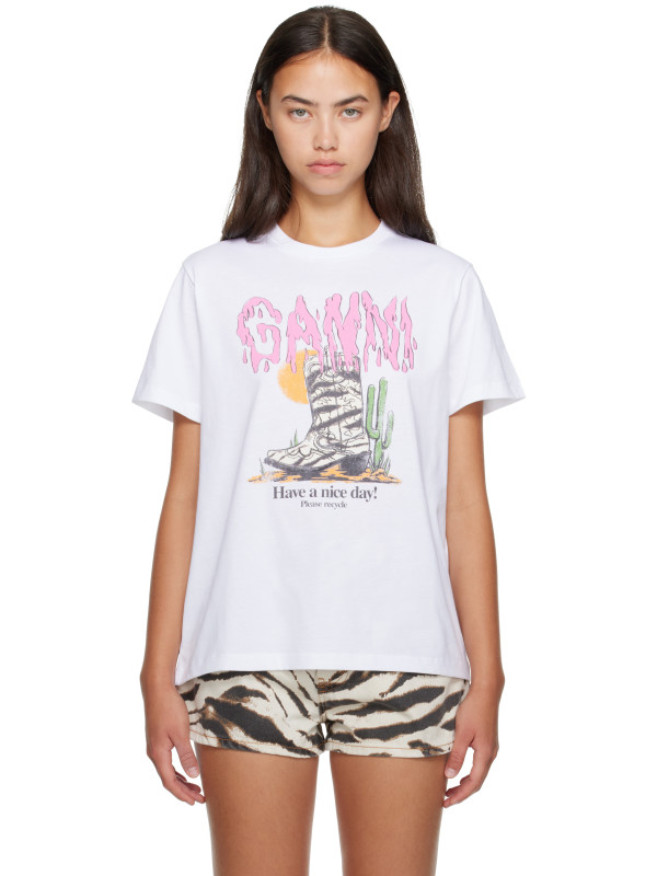 Ganni White Basic Cotton Western Zebra Boot T-shirt