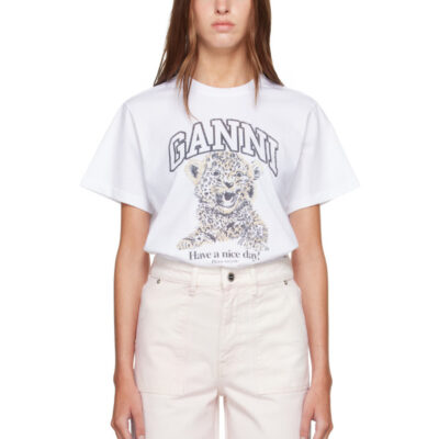 Ganni White Basic Jersey Leopard Relaxed T-shirt