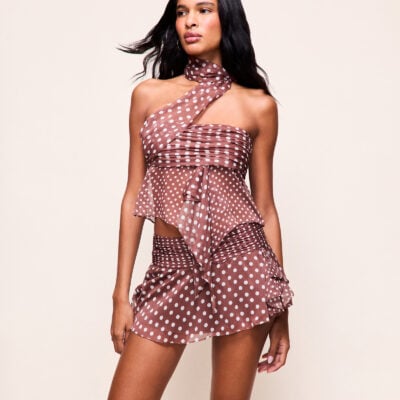 Guizio Crinkled Dot Chiffon Slit Mini Skirt