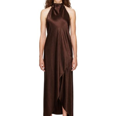 Helmut Lang Brown Silk Tie Scarf Midi Dress