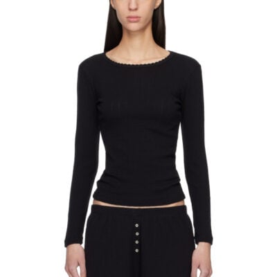 Leset Black Pointelle Slim Fit Long Sleeve T-shirt