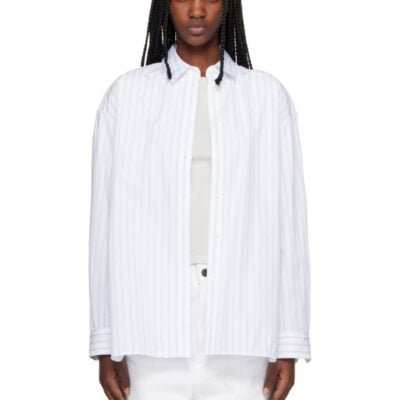 Maison Kitsune White & Blue Striped Boyfriend Shirt