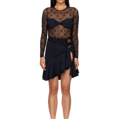 Marine Serre Black Monogram Mesh Flock Ruffles Minidress