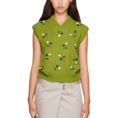 Marni Green Wool-Cashmere Flower Embroidery Vest