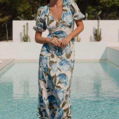 Among the Brave Amora Blue Vintage Floral SS Bias Midi Dress