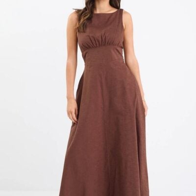 Among the Brave Cairo Chocolate Cotton Linen Sleeveless Midi Dress
