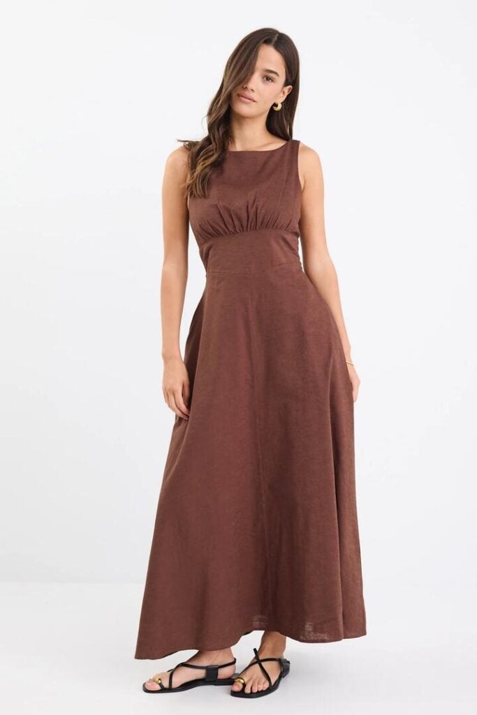 Among the Brave Cairo Chocolate Cotton Linen Sleeveless Midi Dress