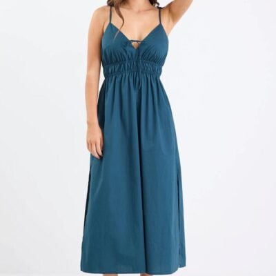 Among the Brave Cast Petrol Cotton Strappy Midi Dress